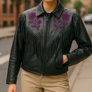 Black Leather Vintage Western Fringe Jacket with Purple Embroidery – Medium